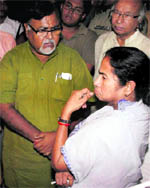 West Bengal Chief Minister Mamata Banerjee with Cabinet colleagues during a visit to the MLA's hostel building where CPM MLA Mostafa Bin Quasem 