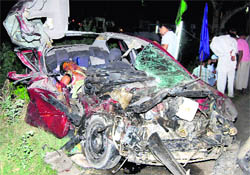 Mangled remains of the Ford Fiesta car that collided with a truck on Saturday night 