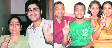 Anshit Goel, who claimed seventh position, flashes a victory sign along with his grandmother; and Himanshu Gupta (right), who secured 10th position, with his mother, father and sister in Chandigarh 