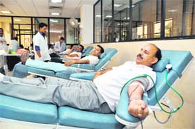 A blood donation camp under way on the IMA premises in Dehradun on Monday