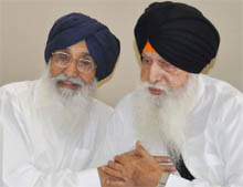CM Parkash Singh Badal and an estranged Akali leader and former SGPC president Jagdev Singh Talwandi at Badal village on Tuesday