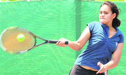 A player in action during the Talent Series Tennis Tournament at Dikshant School, Sector 12, Panchkula, on Tuesday.