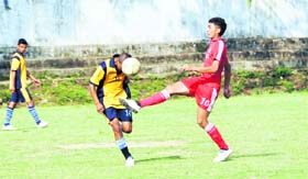 Players in action in the Lala Nemi Dass Memorial Dehradun District Football League in Dehradun on Tuesday