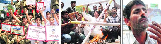 SAY NO TO TOBACCO: NCC cadets hold anti-tobacco placards on World No Tobacco Day at Satwari Chowk in Jammu on Tuesday, (centre) activists of the Bharatiya Chaitanya Party burn tobacco products, and a man defies the ban on smoking at public place