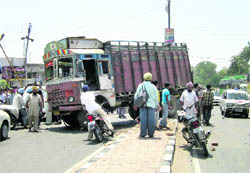 A truck that collided with a car and a bus on the Ludhiana-Ferozepur Road in Mullanpur on Tuesday