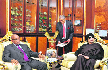 South African President Jacob Zuma (left) with Libyan President Muammar Gaddafi in Tripoli.