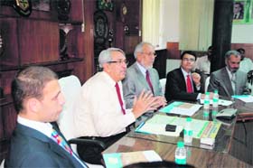 Haryana Agricultural University Vice-Chancellor KS Khokhar (second from left) holds discussions with members of an Afghan delegation at Hisar on Wednesday