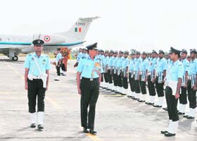 Air Marshal DC Kumaria, Air Officer Commanding-in-Chief of the Western Air Command, inspects a guard of honour on his visit to the Air Force Station at Sirsa on Wednesday
