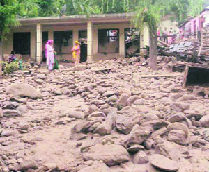 A view of the destruction by a flooded nullah near Chamba 