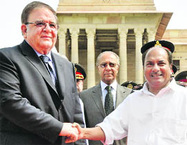 Defence Minister AK Antony shakes hands with his Afghanistan counterpart Abdul Rahim Wardak during a ceremonial reception for the latter at South Block in New Delhi 