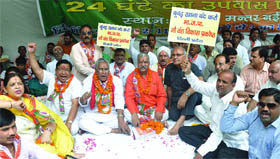 Activists of BJP Delhi Pradesh Cow Protection Cell demand closure of slaughterhouses in New Delhi on Thursday.