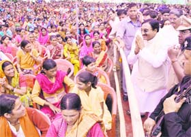 Chief Minister Ramesh Pokhriyal Nishank greets people during his visit to Chaka in Tehri Garhwal district on Thursday