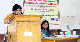 Additional deputy commissioner Sumedha Kataria addresses a district-level capacity building workshop on tobacco control in Kurukshetra.