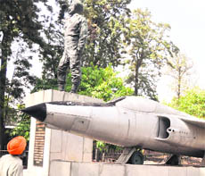 The statue of PVC awardee Flt Lt Nirmaljit Singh Sekhon and his Gnat aircraft which will be shifted from the mini-secretariat in Ludhiana