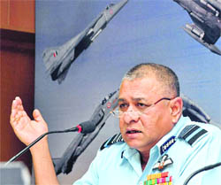 IAF chief PV Naik addresses mediapersons in Gandhinagar on Thursday. Hes on a two-day visit to Gujarat. 