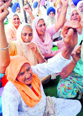 Members of various farmer bodies hold a dharna in Patiala on Thursday