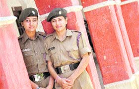 Pallavi Sharma and Annu Puri (right) strike a pose at Khalsa College for Women in Ludhiana on Friday