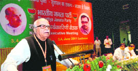Senior BJP leader LK Advani addresses the national executive meeting of  the party in Lucknow on Saturday.