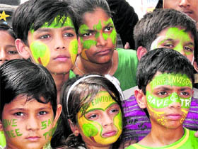 Children take part in an awareness campaign on the eve of World Environment Day at Bikaner on Saturday.