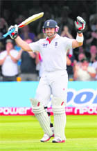 Englands Matt Prior celebrates his century against Sri Lanka on the 2nd day of the 2nd Test at Lord's on Saturday.