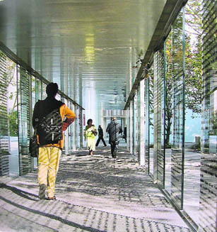 The 48-metre-long, light and transparent, Walkway by Eva Schlegel leads from one end of the campus to another