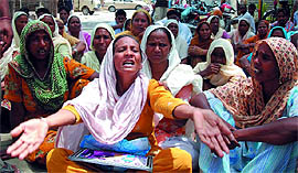 Darshan Kaur, mother of Malika and her kin stage protest at the Civil Hospital in Bathinda on Sunday.
