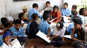 The students of a school, located near Harike village, making paintings on the occasion of the World Environment Day at Harike wetland on Sunday.