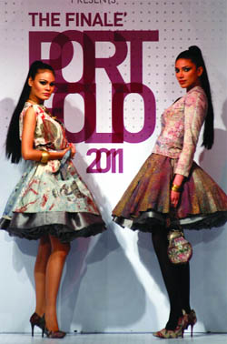Models showcasing the collection during the Portfolio 2011 finale by the designers fromPearl Academy of Fashion in New Delhi.
