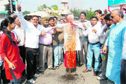 Congress workers burn an effigy of Swami Ramdev in Dehradun on Sunday