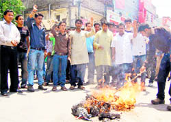 Workers of the ABVP burn an effigy of the Central Government in Dehradun on Sunday