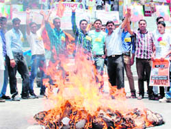 The effigy of the UPA government being burnt in Mandi on Sunday
