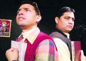 A scene from the play, Diary Kuse Lok Nath Di, being staged at the Natrang Theatre in Jammu on Sunday