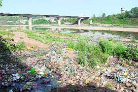 Heaps of garbage on the banks of the Tawi near the Jogi gate cremation ground in Jammu on Sunday