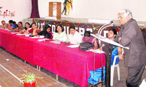 Gopal Mishra, general secretary, All-India Railwaymen's Federation, speaks at a workshop on women empowerment at Oak Grove School in Mussoorie 