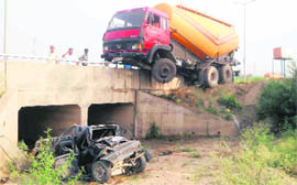All that is left A car and a tanker that met with an accident near Ghanauli village in Ropar on Tuesday.