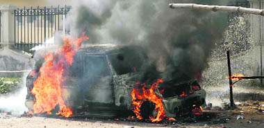 A jeep set on fire during a clash between residents of Fatehpur Jharsa locality in Gurgaon 