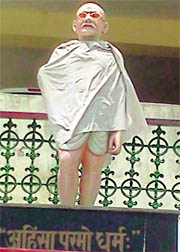 The statue of Mahatma Gandhi covered with a bedsheet in the Gandhi Ground, Palampur