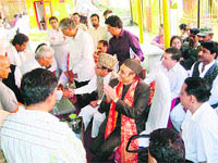 Senior Congress leaders Dr Karan Singh and PCC president Saifuddin Soz during a visit to Tulamulla on Tuesday. 