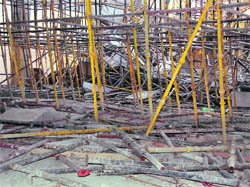 The scattered iron shuttering following the collapse of an auditorium under-construction in Sacred Heart Senior Secondary School, BRS Nagar, in Ludhiana on Tuesday