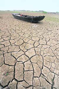 A fishing boat lies on the cracked bed of Chaohu lake, the fifth largest freshwater lake in China