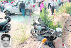 The spot where Dilbagh Singh (inset), an employee of Swaraj Combine Division, was killed in a road accident at Industrial Area, Phase 8, Mohali, on Thursday. 