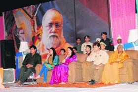 Bollywood stars Hema Malini, Esha Deol and Haryana Governor Jagannath Pahadias wife Shanti Pahadia at a religious congregation near Ambala