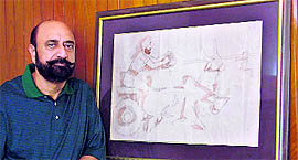 Col Davinder Singh Dhindsa poses with the sketch that was made by MF Husain.