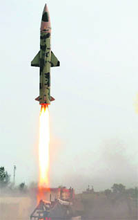 Prithvi-II lifts off from launch complex-III at the Interim Test Range in Chandipur, Orissa,