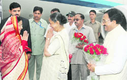 President Pratibha Patil being received by Uttarakhand Governor Margarat Alva and Chief Minister Ramesh Pokhriyal Nishank on her arrival at the Jolly Grant Airport near Dehradun on Friday