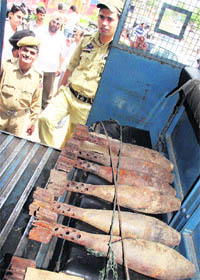 Shells recovered from a canal in the Greater Kailash area of Jammu on Friday.