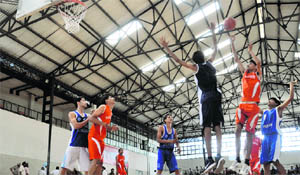 Ludhiana and Sangrur boys fight it out in the opening match of the 62nd Junior Punjab State Basketball Championship at Guru Nanak Sports Complex in Ludhiana 
