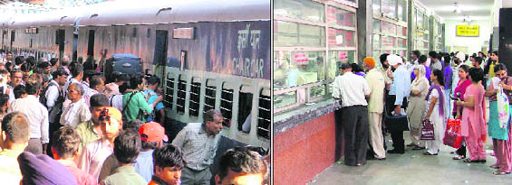 Huge rush at the Ludhiana Railway Station; and (right) a non-operational reservation counter with people still waiting for their turn