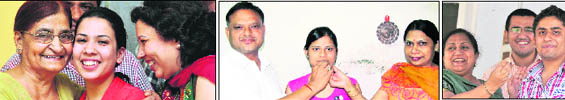 (Left) Grandmother, mother of Kriti, who topped in B.Com Ist exam; (center) Namita along with her parents and (right) Akhilesh being greeted by his college principal.