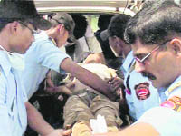 A police jawan, injured in a landmine blast detonated by Maoist rebels in Dantewada, being shifted to a hospital in Raipur on Friday.